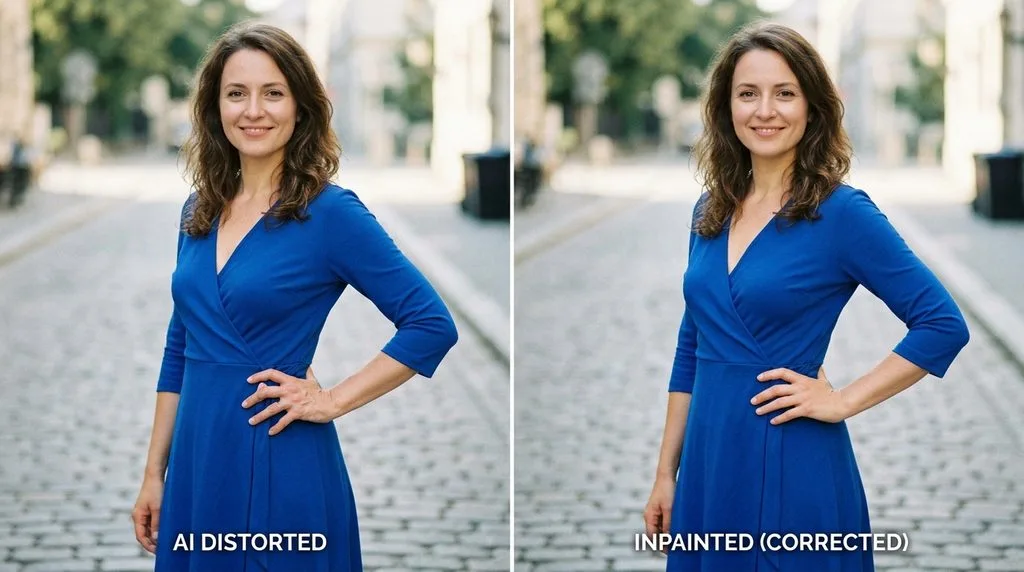 Woman in blue dress — distorted AI hand on hip on the left, corrected natural five-fingered hand on the right after inpainting