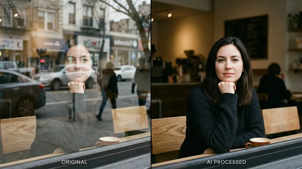 Woman's portrait through glass — heavy reflection/ghosting on the left, clean reflection-free portrait on the right after AI removal