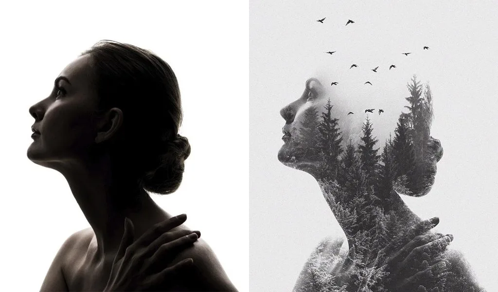 Double exposure before and after: ordinary woman portrait (left) merged with trees and birds sky scene (right) using Photoshop blend modes