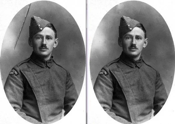 Large vertical scratch removed from a WWI soldier portrait