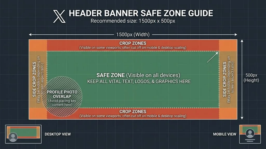 X header banner safe zone showing mobile crop areas and profile photo overlap