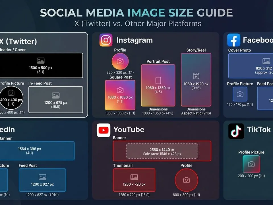 X (Twitter) image sizes compared with other social media platform formats