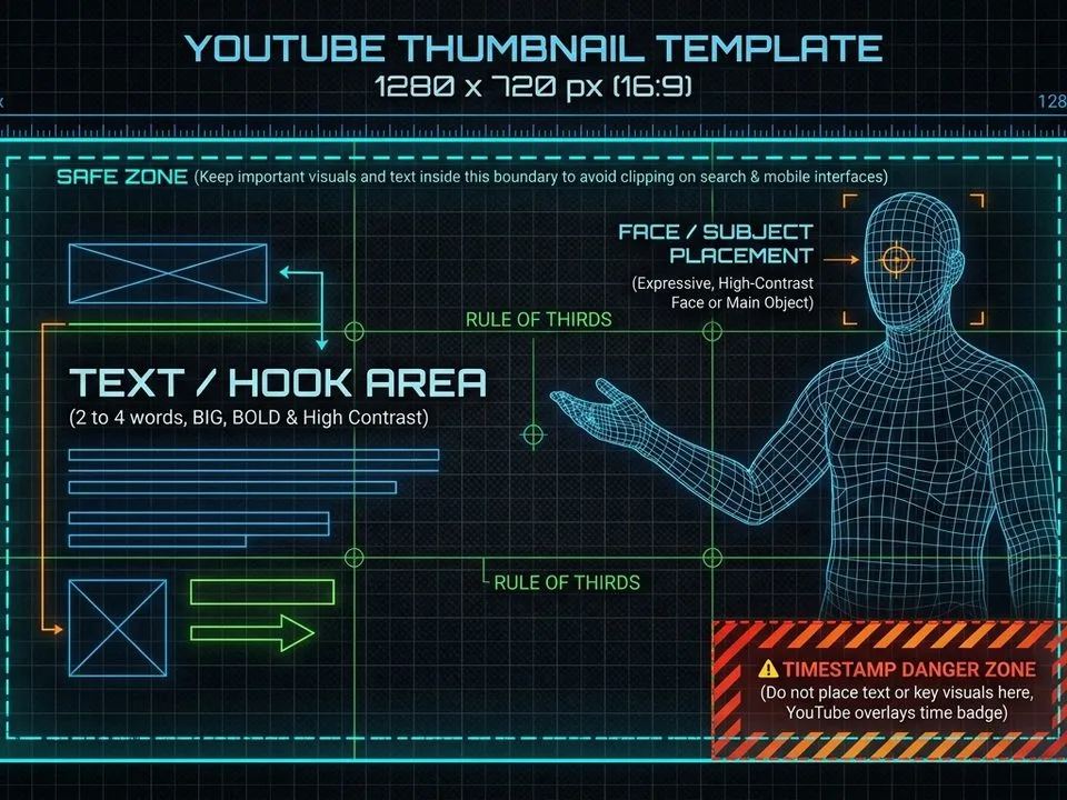 YouTube thumbnail 1280x720 template with safe zone and face placement